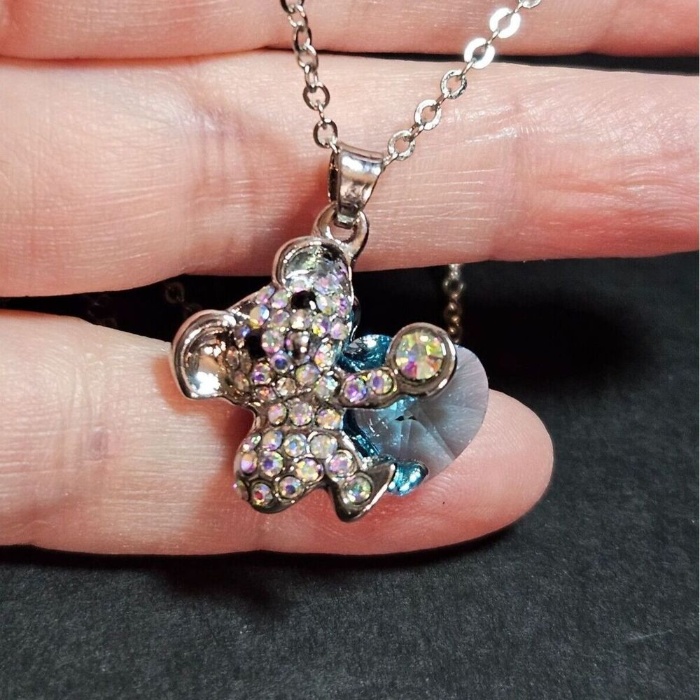 Silver tone koala bear with blue crystal heart necklace 20-21.5"